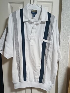 Men's White Polo with Navy and Gray Vertical Stripes